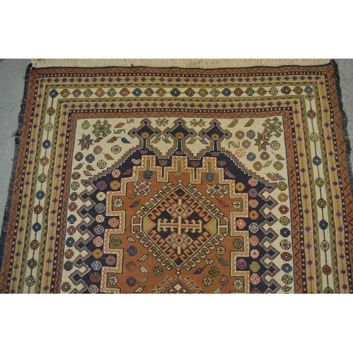 6 - Soumak rug with a hooked medallion design in shades of blue, pink, beige, cream and pale green, 223 ... 