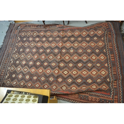 7 - Antique South West Persian rug with a banded meander design in shades of red, blue, yellow, cream an... 