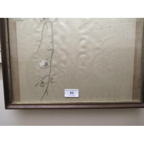 53 - Silk embroidered picture, magpie on a branch, 89 x 36cm, framed