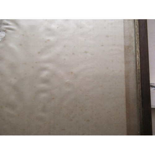 53 - Silk embroidered picture, magpie on a branch, 89 x 36cm, framed