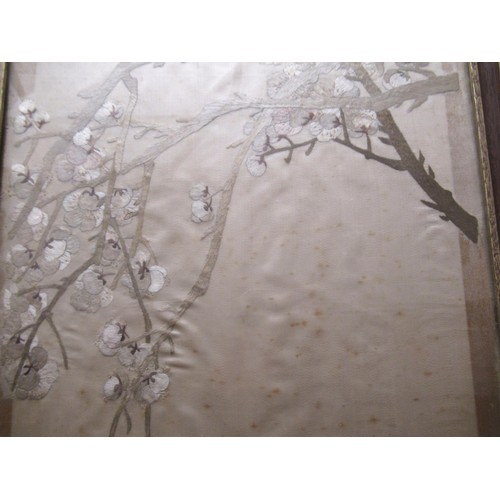 53 - Silk embroidered picture, magpie on a branch, 89 x 36cm, framed