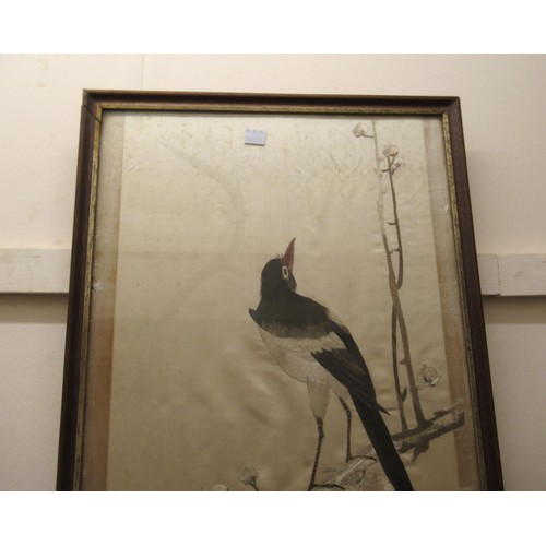 53 - Silk embroidered picture, magpie on a branch, 89 x 36cm, framed