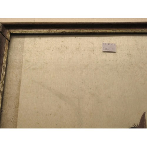 53 - Silk embroidered picture, magpie on a branch, 89 x 36cm, framed