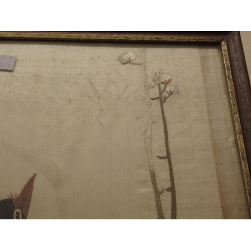 53 - Silk embroidered picture, magpie on a branch, 89 x 36cm, framed