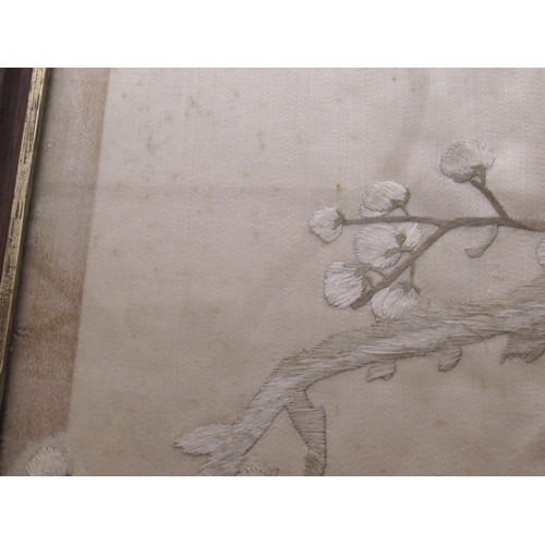53 - Silk embroidered picture, magpie on a branch, 89 x 36cm, framed