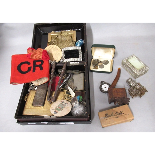 Lacquer box containing miscellaneous collectables including a carved ...