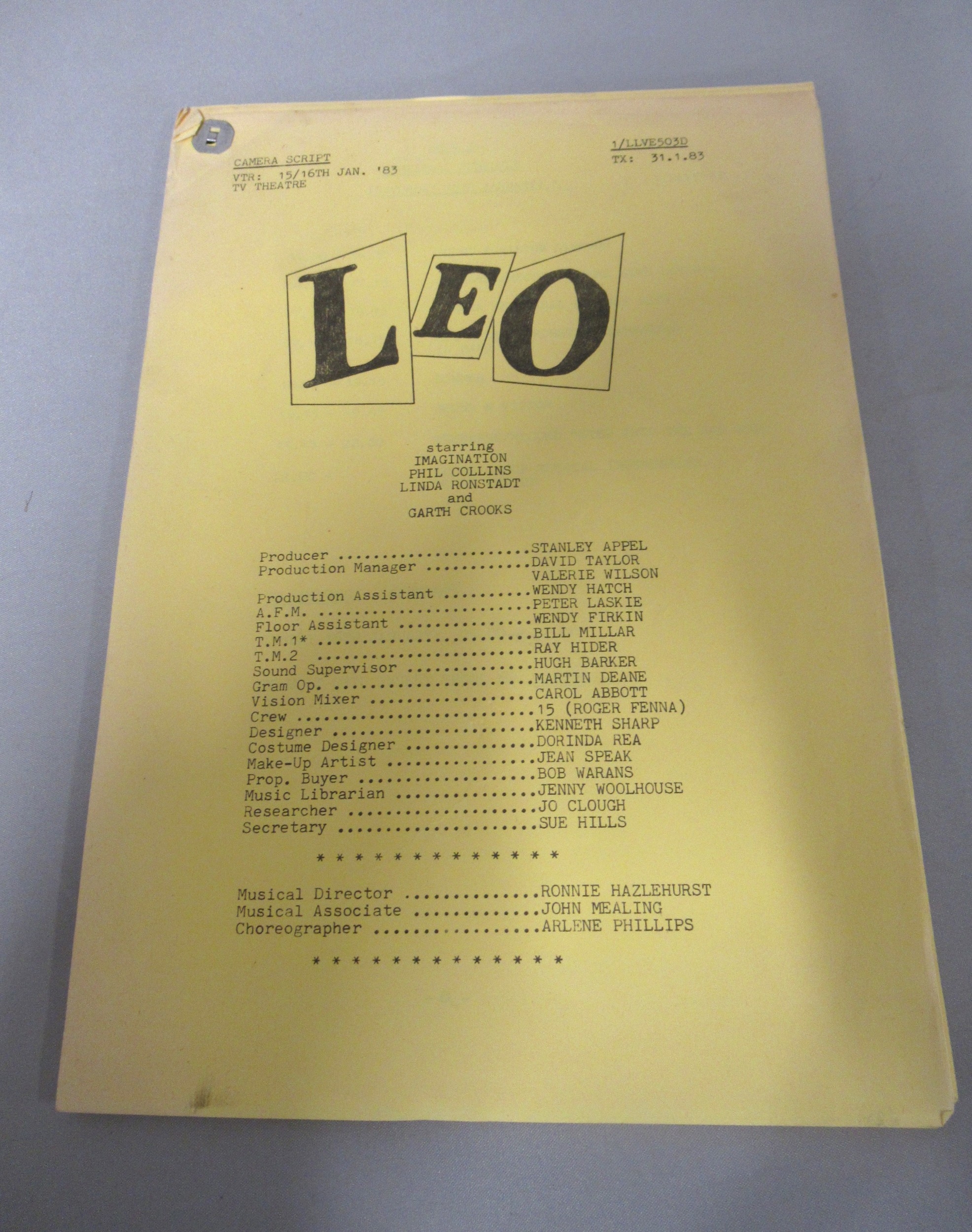 Original script for ' Leo ' starring Imagination, Phil Collins, Linda ...