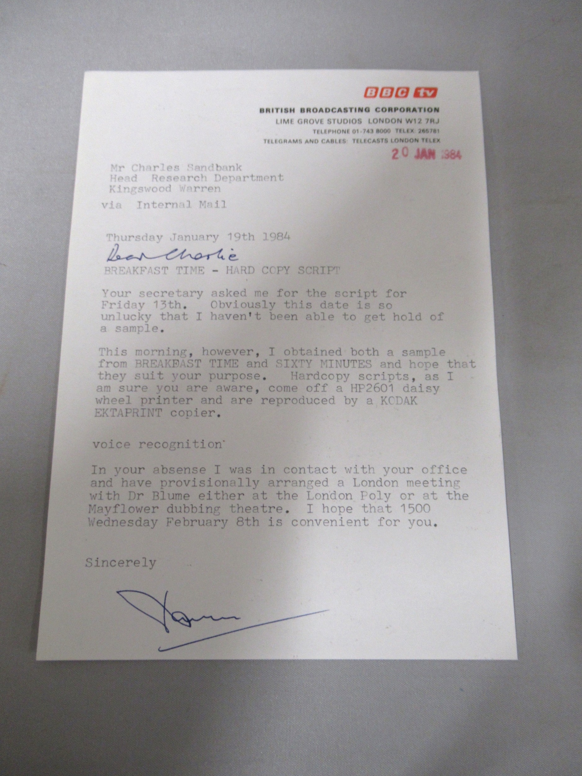 Original script for an early edition of Breakfast Time, provenance ...