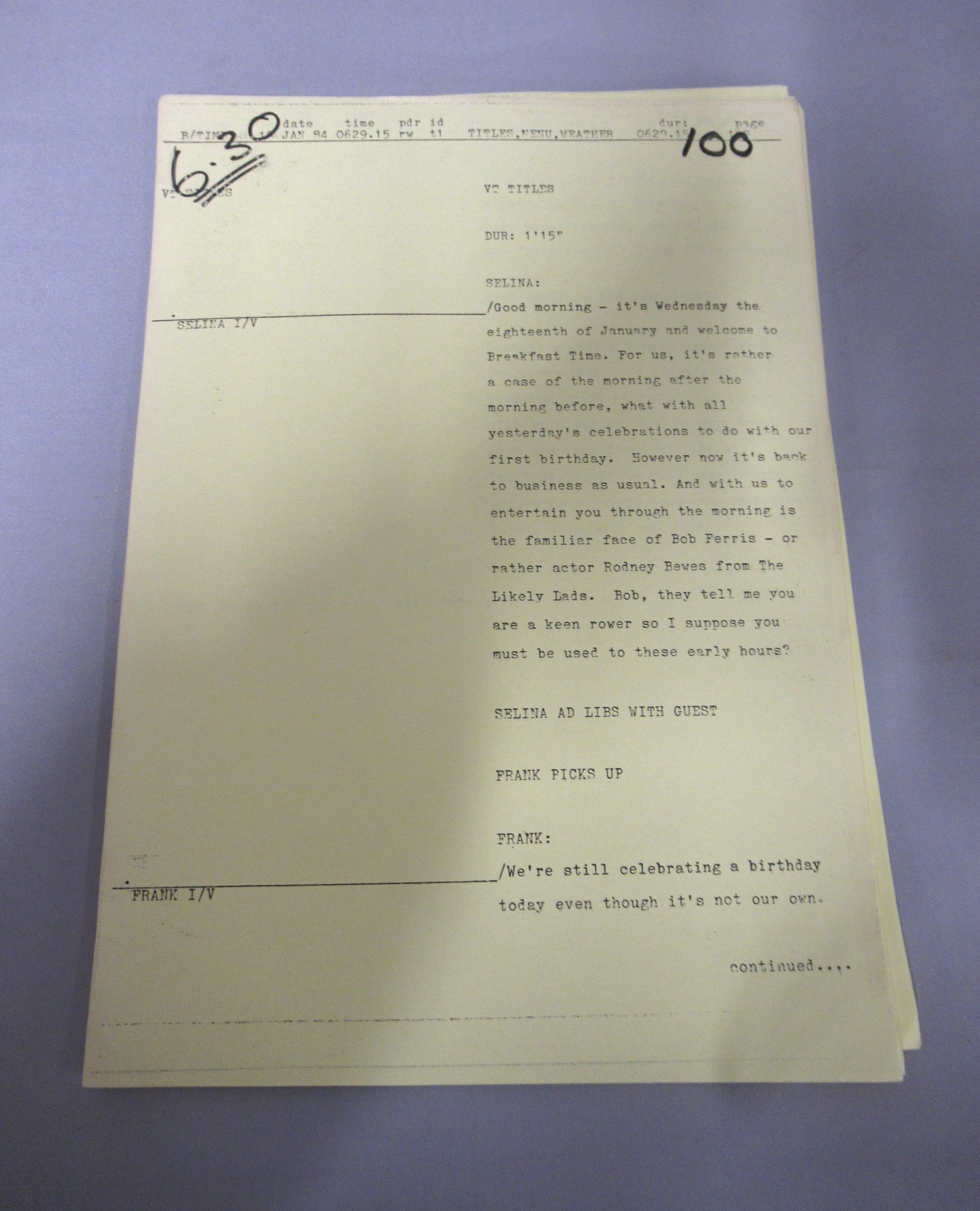 Original script for an early edition of Breakfast Time, provenance ...