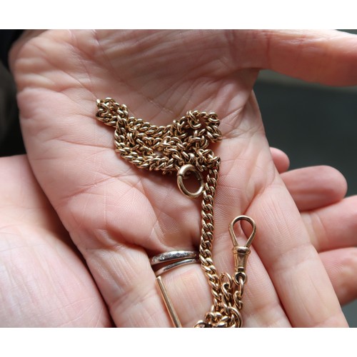15ct Gold curb link Albert watch chain with two clips and bar, 32.5g