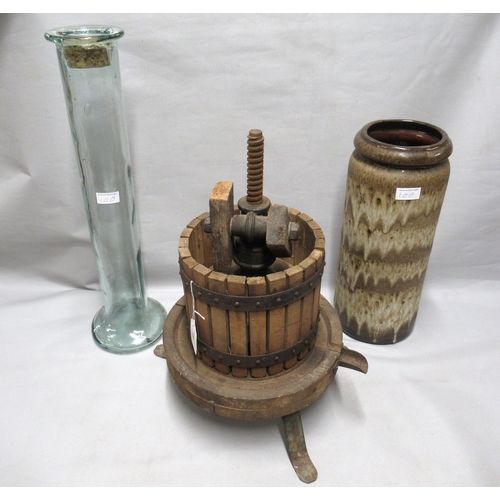 100 - Antique wooden and iron fruit press, together with a West German cylindrical pottery vase and a tall... 