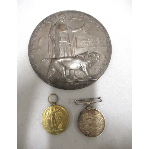 315 - World War I death plaque to George Eastoe Burrows, together with two other medals