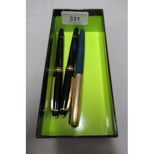 331 - Mont Blanc fountain pen and ballpoint pen, together with a Parker fountain pen with gold plated cove... 