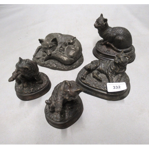 332 - Four various brown patinated metal figures of cats, together with a composite figure of a cat