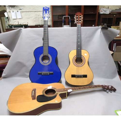 343 - Three various guitars, including a Johnson, together with a metal guitar stand