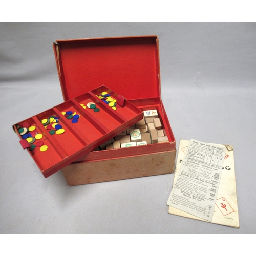 345 - Child's wooden high chair, together with a boxed mahjong set