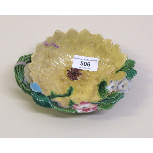 506 - Small Mintons majolica sunflower dish, 16.5cm wide (chips to foot rim)