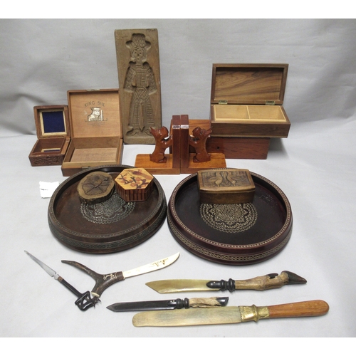 76 - Pair of circular wooden trays and a quantity of other wooden boxes etc.