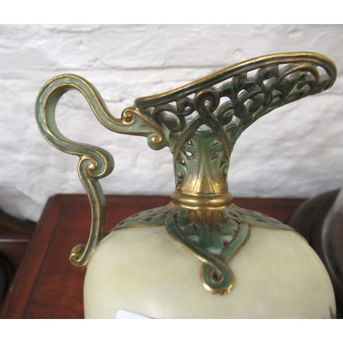 510 - Royal Worcester blush ivory pedestal jug vase, painted with birds on a branch in a landscape, togeth... 