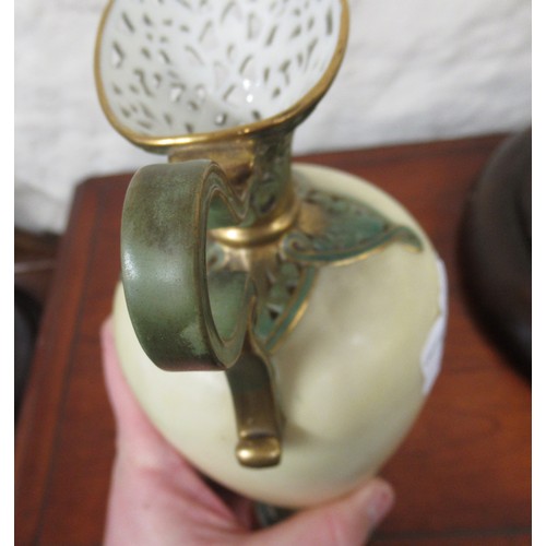 510 - Royal Worcester blush ivory pedestal jug vase, painted with birds on a branch in a landscape, togeth... 