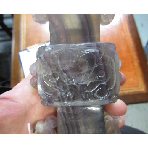 81 - Chinese carved quartz vase, together with a carved agate fruit form dish (minus cover)