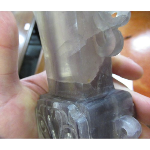 81 - Chinese carved quartz vase, together with a carved agate fruit form dish (minus cover)