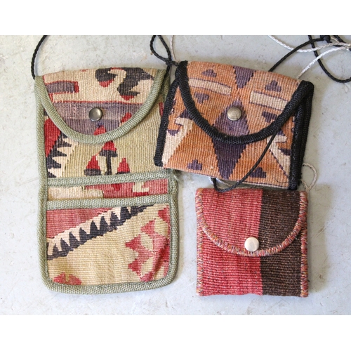 4 - Two Kelim cushions, various similar smaller cushions, two small flat weave mats and various bags