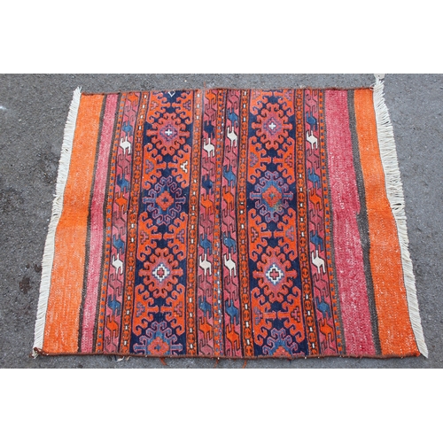 4 - Two Kelim cushions, various similar smaller cushions, two small flat weave mats and various bags
