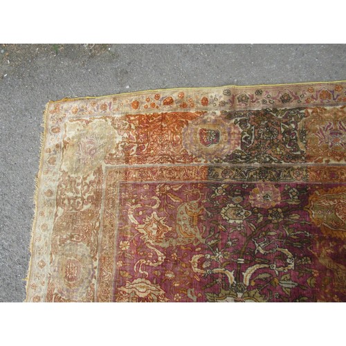 3 - Antique Kayseri rug with all over palmette and animal design on a claret ground with borders, 290 x ... 
