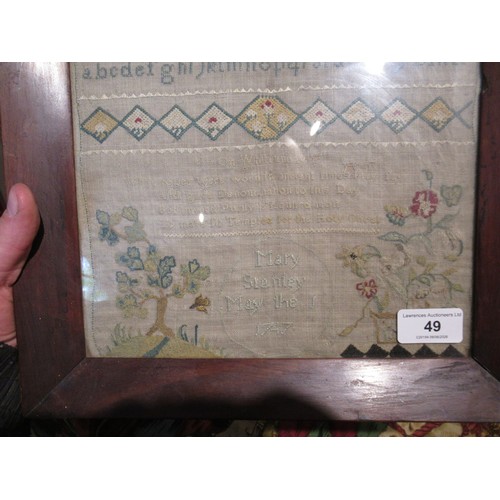 49 - Small George II woolwork sampler, dated 1747, 24cm square (with damages)