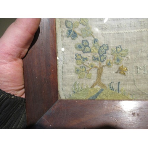49 - Small George II woolwork sampler, dated 1747, 24cm square (with damages)