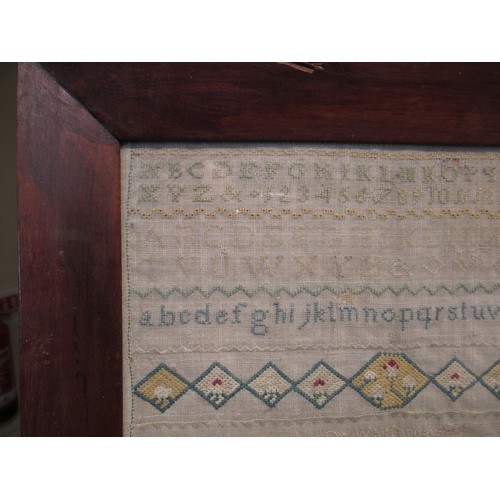 49 - Small George II woolwork sampler, dated 1747, 24cm square (with damages)