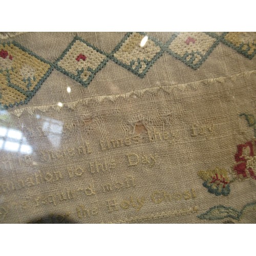 49 - Small George II woolwork sampler, dated 1747, 24cm square (with damages)