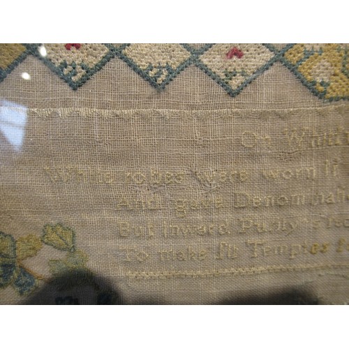 49 - Small George II woolwork sampler, dated 1747, 24cm square (with damages)