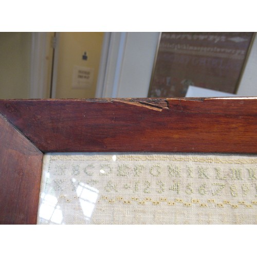 49 - Small George II woolwork sampler, dated 1747, 24cm square (with damages)