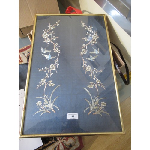 42 - Chinese embroidered silkwork panel, birds in foliage, 55 x 35cm, gilt framed