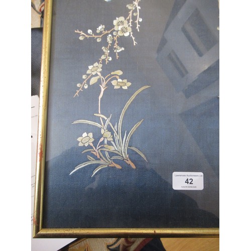 42 - Chinese embroidered silkwork panel, birds in foliage, 55 x 35cm, gilt framed