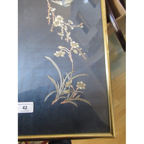 42 - Chinese embroidered silkwork panel, birds in foliage, 55 x 35cm, gilt framed