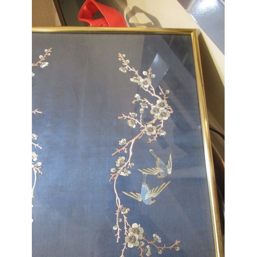 42 - Chinese embroidered silkwork panel, birds in foliage, 55 x 35cm, gilt framed
