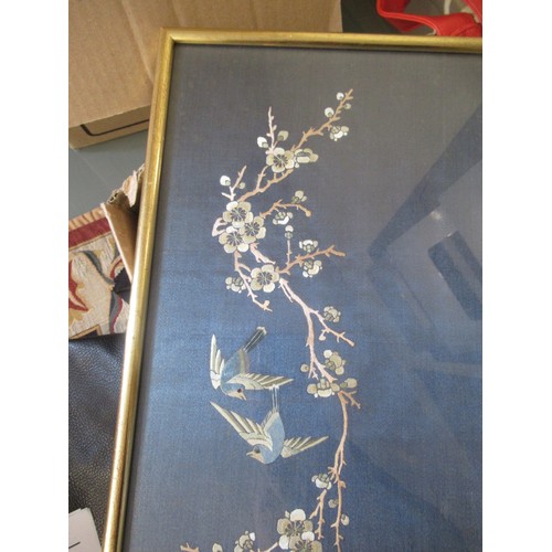 42 - Chinese embroidered silkwork panel, birds in foliage, 55 x 35cm, gilt framed
