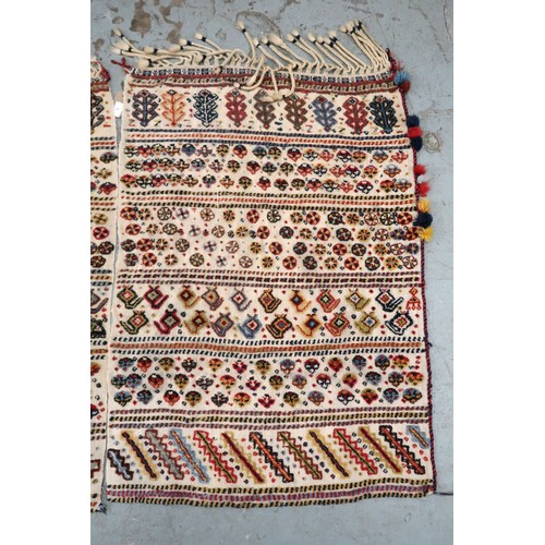 2 - Two flat weave and part piled tribal Kelim rugs of horizontal banded design, 98 x 70cm approximately