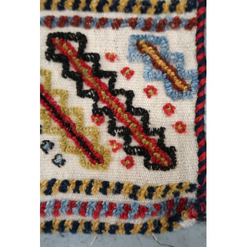 2 - Two flat weave and part piled tribal Kelim rugs of horizontal banded design, 98 x 70cm approximately
