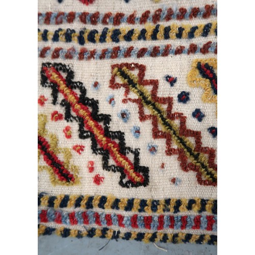 2 - Two flat weave and part piled tribal Kelim rugs of horizontal banded design, 98 x 70cm approximately