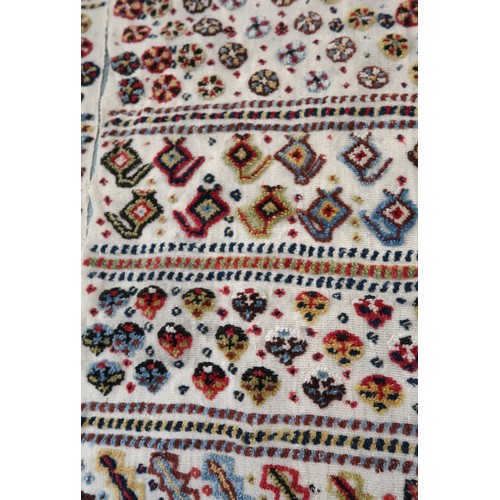 2 - Two flat weave and part piled tribal Kelim rugs of horizontal banded design, 98 x 70cm approximately