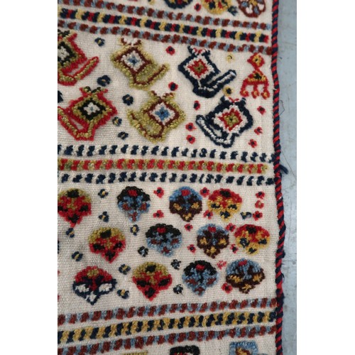 2 - Two flat weave and part piled tribal Kelim rugs of horizontal banded design, 98 x 70cm approximately