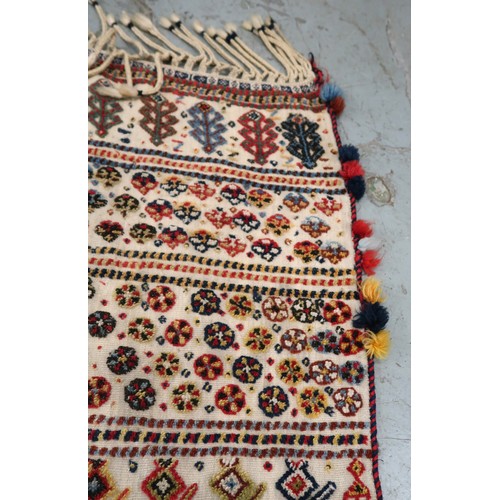 2 - Two flat weave and part piled tribal Kelim rugs of horizontal banded design, 98 x 70cm approximately