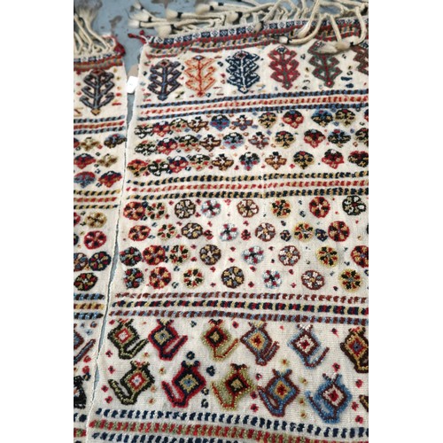 2 - Two flat weave and part piled tribal Kelim rugs of horizontal banded design, 98 x 70cm approximately