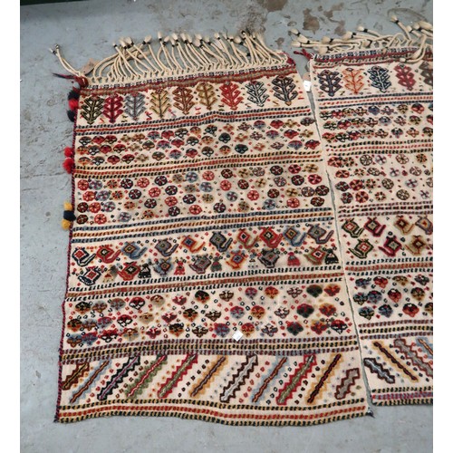 2 - Two flat weave and part piled tribal Kelim rugs of horizontal banded design, 98 x 70cm approximately