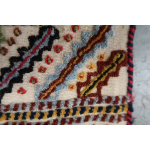 2 - Two flat weave and part piled tribal Kelim rugs of horizontal banded design, 98 x 70cm approximately