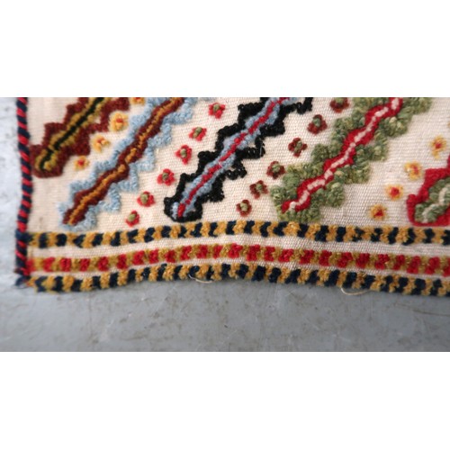 2 - Two flat weave and part piled tribal Kelim rugs of horizontal banded design, 98 x 70cm approximately